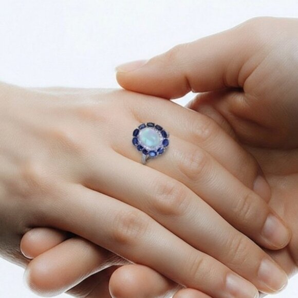 925 Sterling Silver Ring with Natural White Opal 8x10mm & Sapphire Gems - Picture 2 of 15